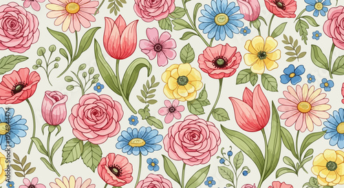 Pastel botanical symphony of roses and tiny blossoms