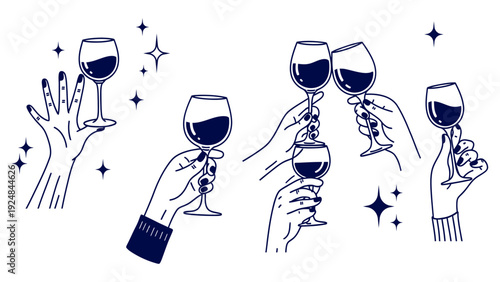Illustration of hands holding wine glasses in celebration