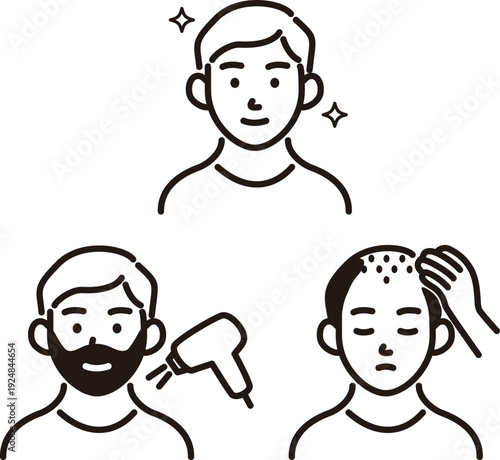 Men's Hair Problems and Beauty Care Icon Set. Illustrations for Beard Removal and Hair Growth