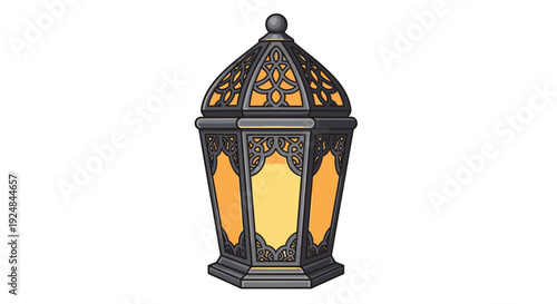 Ornate metal lantern with yellow glass panels and intricate design decorative lighting fixture with dome top