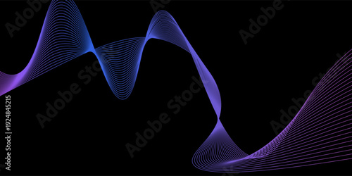Smooth neon sound wave on black background. Abstract flowing wavy lines design for ai concept, eq equalizer, audio record, voice assistant. Blue pink orange gradient curve stripe wallpaper. Vector