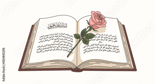 Open book with pink rose on white background arabic text