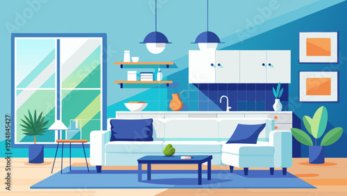 Modern living room and kitchen with a white sectional sofa, blue accent pillows, plants, and city view through window, flat design.