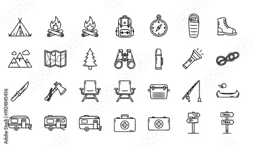 Minimalist Camping Line Icons Set with Outdoor Adventure Equipment Symbols on White Background