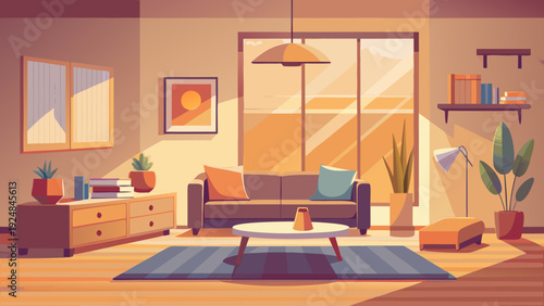 Stylish living room with a comfortable brown sofa, infused with warm afternoon sun and vibrant plant life, modern decor.
