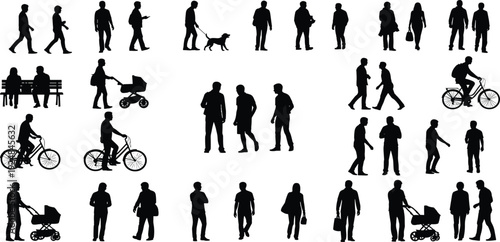Black people silhouettes vector set including walking figures, cyclists, parents with strollers, dog walkers, and groups isolated on white background for urban design.