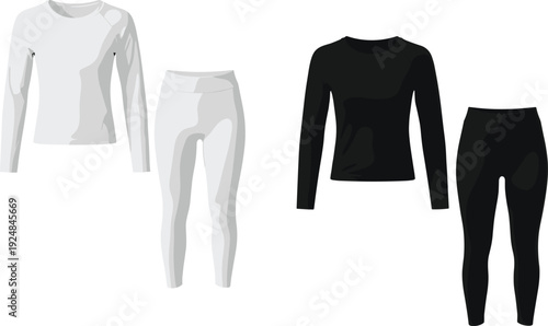 Realistic Vector Flat Sketch Illustration of Men and Women Compression Long Sleeve Top and Leggings Set in Black and White