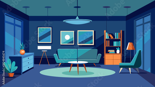 Serene living room in deep blues and teals, featuring a turquoise sofa, mid-century armchair, and large window view.