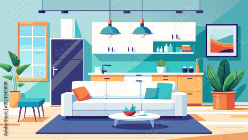 Modern living space with a white sofa, colorful pillows, a dark refrigerator, and a window view, flat illustration style.