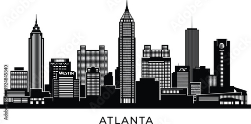 Atlanta Georgia city skyline silhouette vector illustration featuring iconic landmarks like Bank of America Plaza and Westin Peachtree Plaza on a white background.