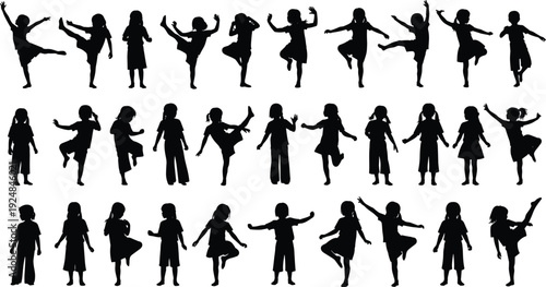Large set of children silhouettes including kids jumping dancing playing and standing in various active poses isolated on white background for graphic design