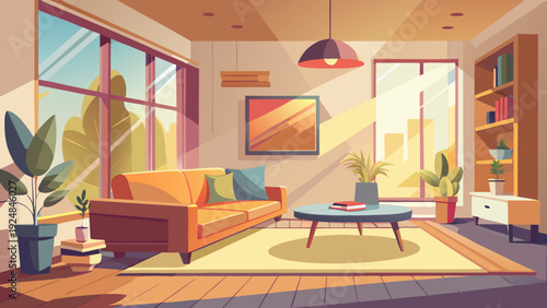 Warm and inviting living room bathed in golden sunlight, featuring an orange sofa and large windows with nature views.