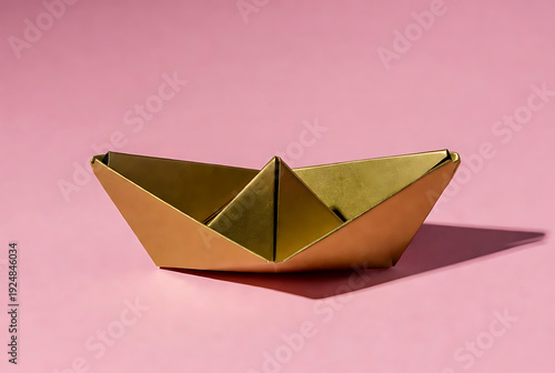 Wallpaper Mural Boat origami gold with pink background and shadow, folded paper craft boat featuring toy, decorative, art with handmade and creative elements for minimalist, simple projects, clean composition on Torontodigital.ca