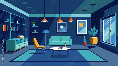 Stylish deep blue living room with teal sofa and yellow accents, featuring a prominent bookshelf and modern light fixtures.