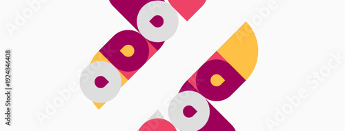 Abstract design features repeating shapes. Purple, orange hues dominate white background. Modern, minimalist aesthetic present.