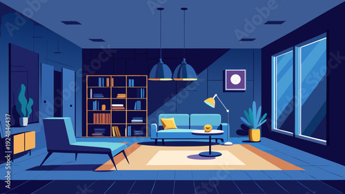 Modern living room at night with blue hues, sofa, armchair, and minimalist decor, vector art