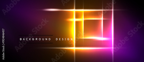 Vibrant neon rectangles overlap dark background. Gradient colors create dynamic visual effect. Modern design element for digital projects.