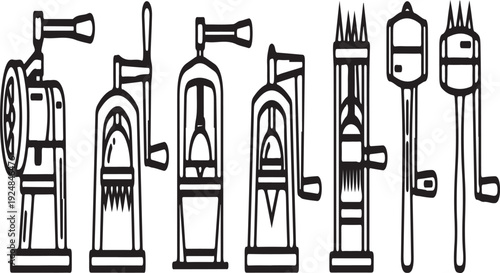 A variety of vintage and modern tools lined up in a row Vector