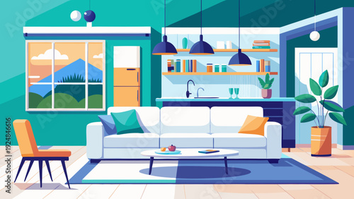 Cozy living room and kitchen with white sofa, teal walls, and view of mountain landscape