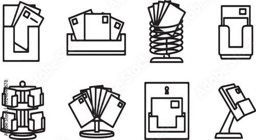 A variety of office supplies and equipment depicted in simple line icons Vector