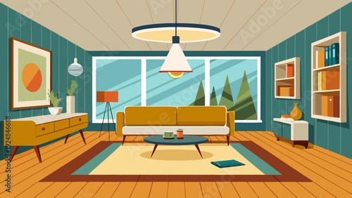 Warm and inviting mid-century modern living room with yellow sofa and large panoramic window