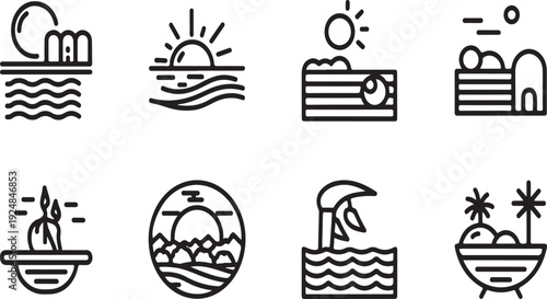 Eight different beach and holiday icons representing various vacation activities and settings Vector