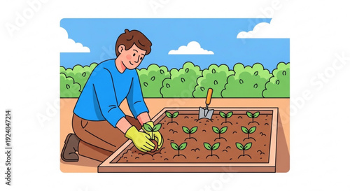 Man planting seedlings in garden bed with shovel on sunny day with blue sky and clouds