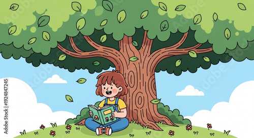 Young girl sitting under tree reading book on sunny day with falling leaves