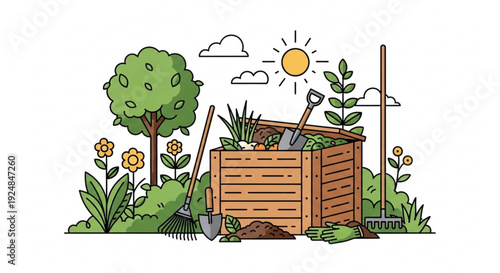 Compost bin in garden with tools and plants on sunny day with flowers and tree