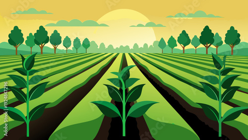 Golden sunset over a vast cultivated field with neat rows of green crops and distant hills, symbolizing prosperity and nature.