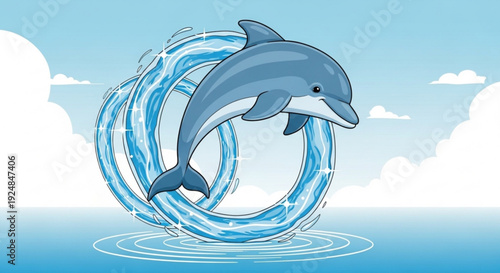 Dolphin jumping through water splash ring against serene ocean and sky background with fluffy clouds and ripples