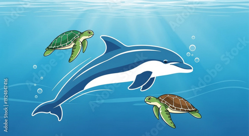 Dolphin and turtles swimming together in ocean with sunlight shining through water serene underwater scene with marine life