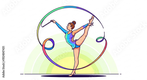 Young gymnast performing rhythmic gymnastics with colorful hoop dynamic pose vibrant background and flowing ribbon in artistic competition