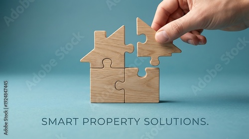 Hand completing a wooden house puzzle smart property solutions concept