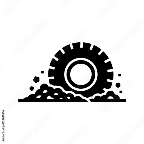 Black and white icon of a tractor focusing on a large tire leaving a deep tread pattern and soil impression on the ground