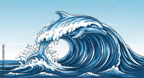 Large blue ocean wave crashing with white foam against clear sky background