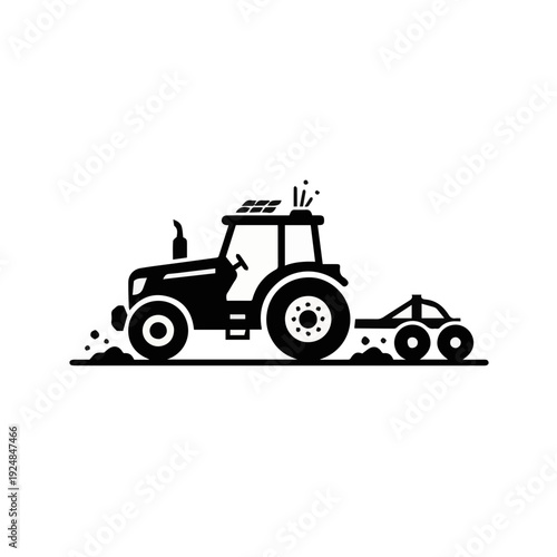 Black and white silhouette of a modern autonomous electric tractor featuring sensors and antenna for driverless precision farming