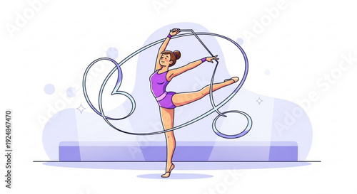 Young female gymnast performing rhythmic gymnastics with hoop in graceful dance pose on white background