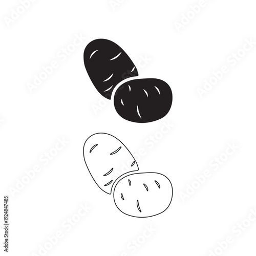 Potato Icon SetSolid Black and Outline Vector Illustration Isolated on white background