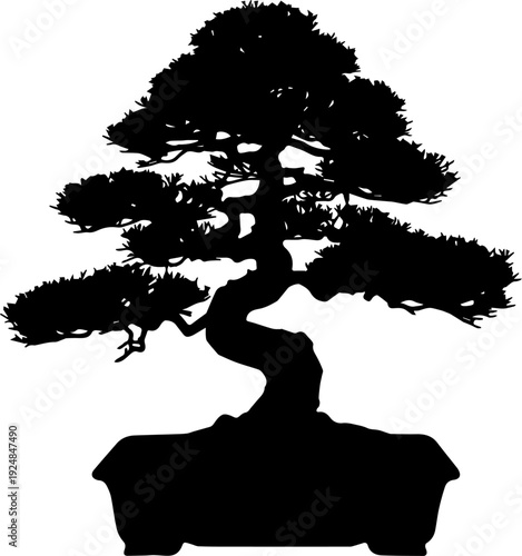 Elegant Japanese Bonsai Tree Silhouette Minimalist Vector Illustration