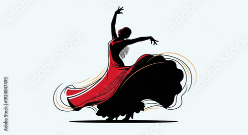Woman in red dress dancing energetically with arms raised dynamic movement and flowing skirt