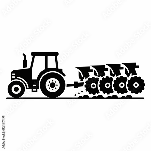 Side view silhouette of a modern tractor pulling a disc plow attachment for agricultural soil cultivation and land preparation