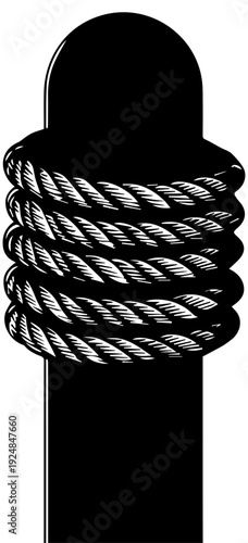 Nautical Mooring Post with Rope Woodcut Style Black and White Vector