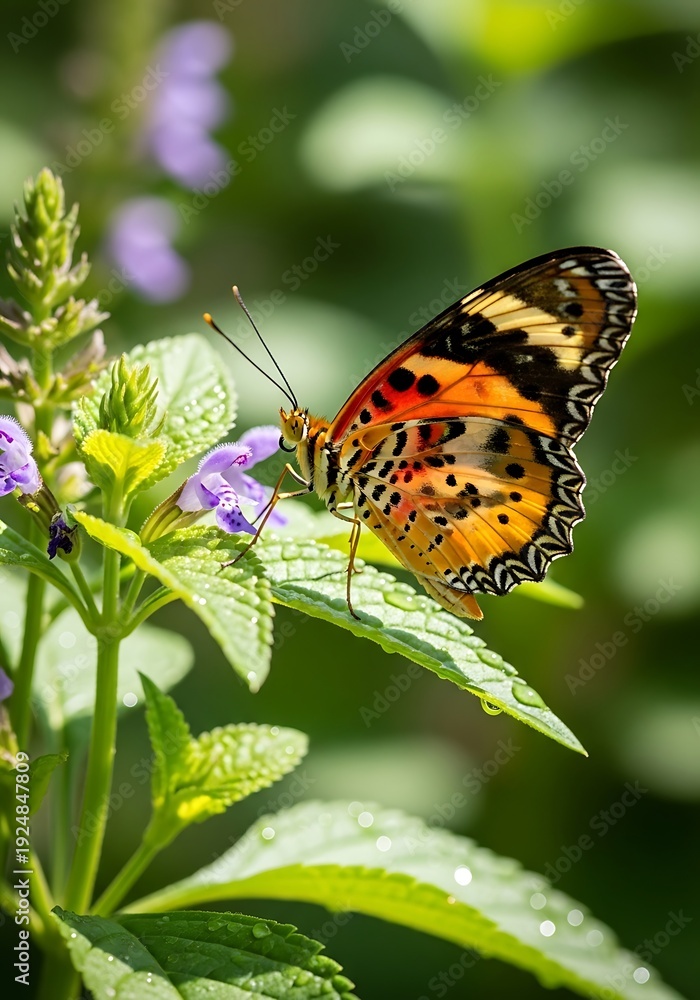 Obraz premium Vivid orange and black patterned winged insect rests upon a dewy green leaf near small purple blossoms