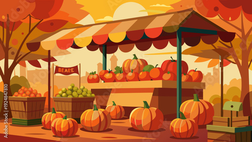 Vibrant autumn market stall filled with pumpkins and apples under a striped awning, surrounded by colorful trees