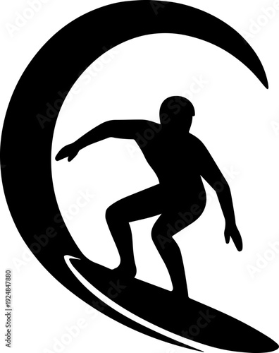 Dynamic Black Surfer Riding Ocean Wave Silhouette Vector Graphic