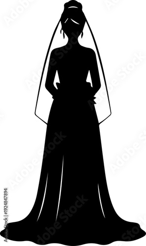 Elegant Bride Silhouette with Long Wedding Dress and Veil Vector Graphic