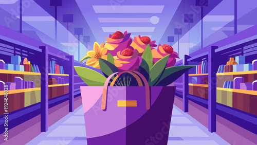 Floral arrangement of roses and tulips in a purple shopping bag, placed in a supermarket aisle with bright shelves