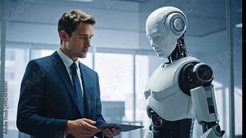 Businessman in a suit interacts with a humanoid robot, discussing technology and artificial intelligence in a modern office.