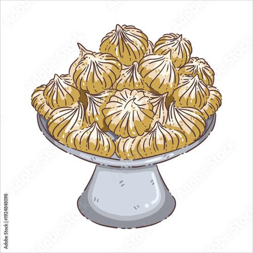 Traditional Thai White Clay Filler Illustration - Din Sor Pong Clay Buds on Pedestal Tray for Songkran Festival